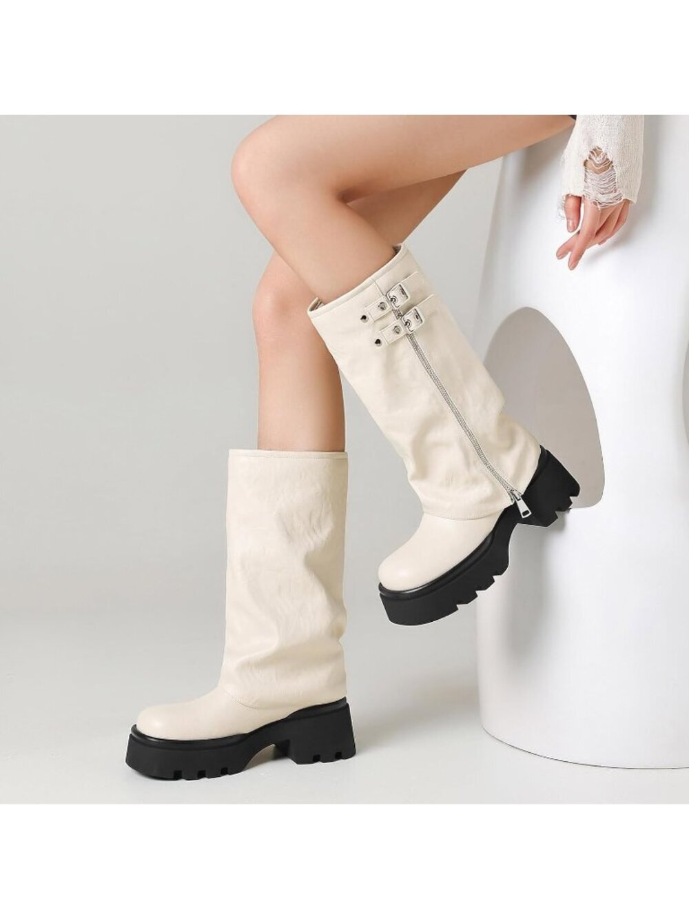 Women's White Faux Leather Knee High Moto Boots Wide Calf Platform Buckle Boots - Picture 3 of 6